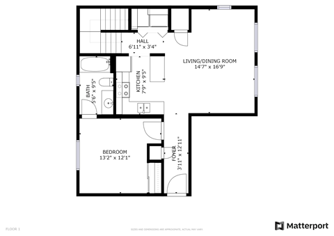 Floor plan for 3 beds, 2 baths, 1154 sqft
